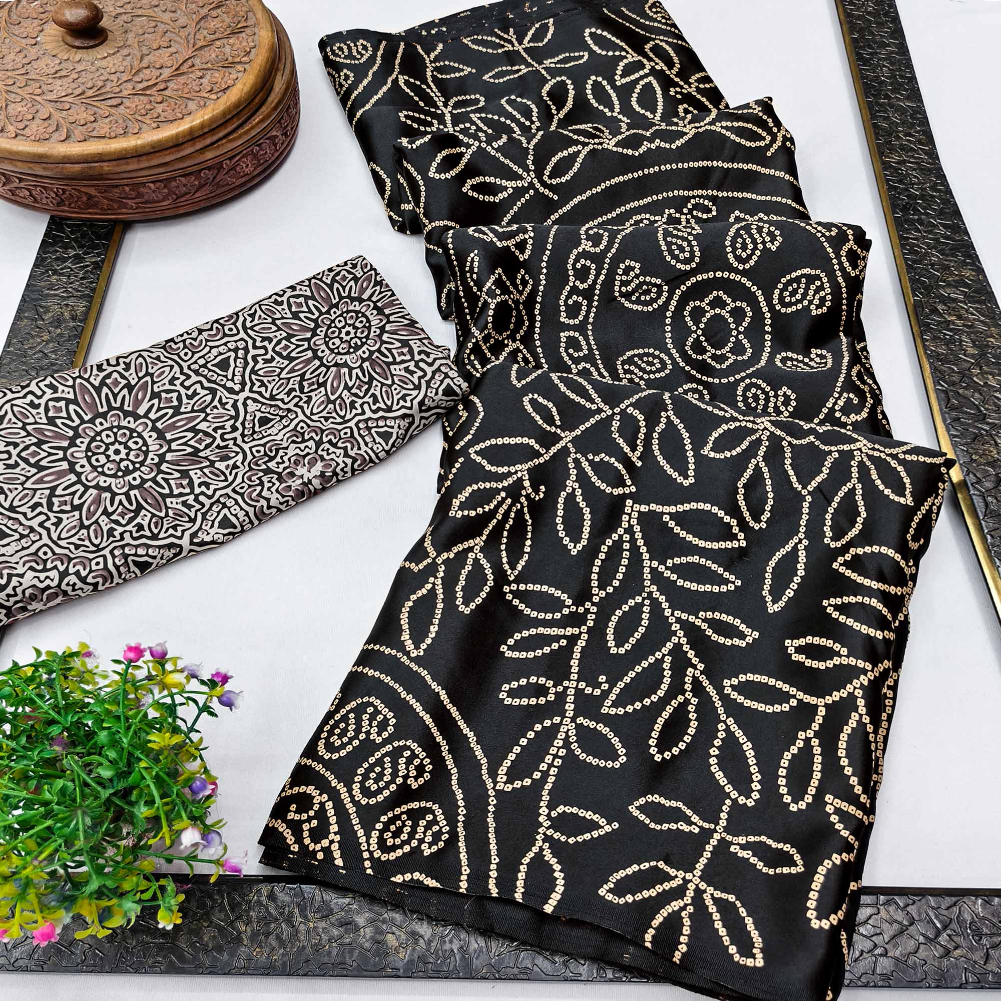 Black Moss Satin Silk Saree Featuring Bandhani Print & Ajrakh Pallu Work