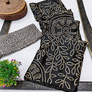 Black Moss Satin Silk Saree Featuring Bandhani Print & Ajrakh Pallu Work