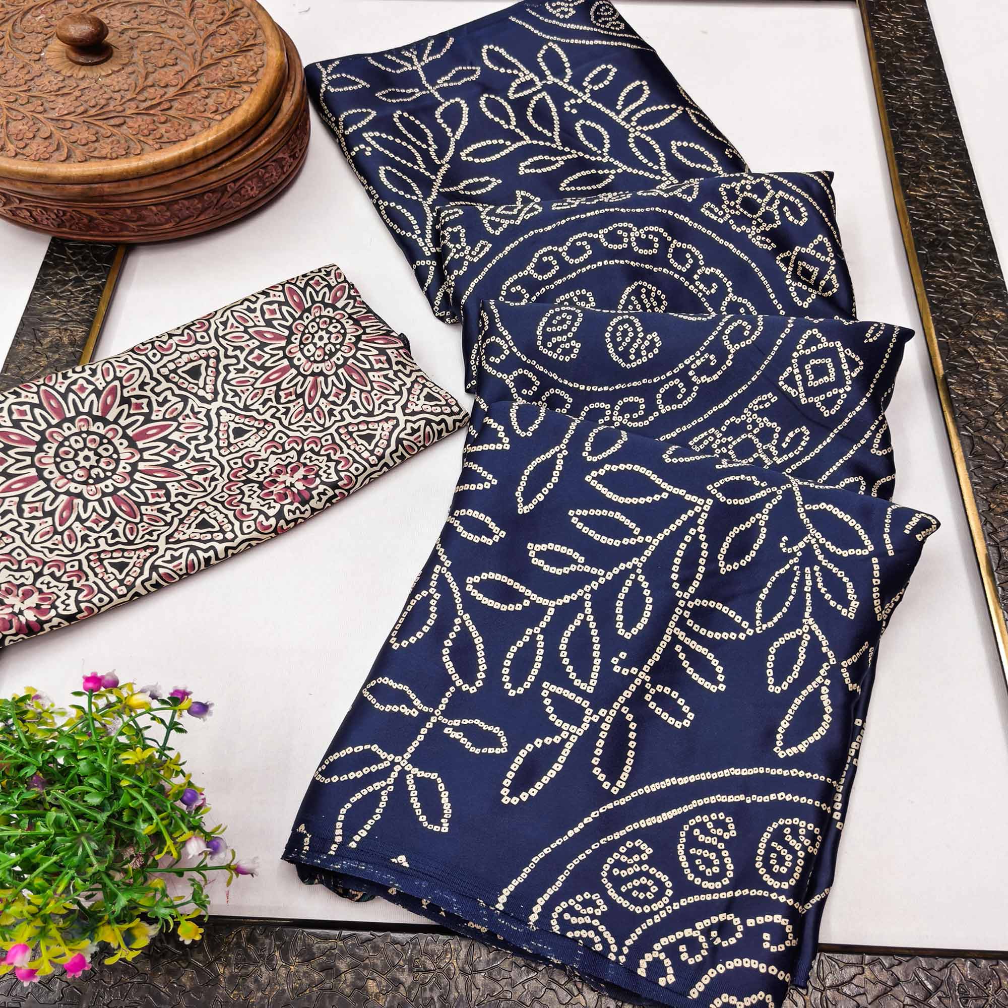 Blue Moss Satin Silk Saree Featuring Bandhani Print & Ajrakh Pallu Work