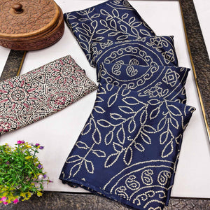 Blue Moss Satin Silk Saree Featuring Bandhani Print & Ajrakh Pallu Work