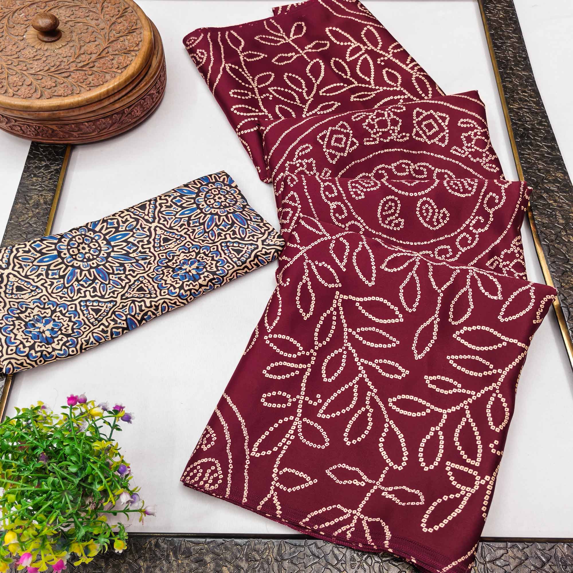 Maroon Moss Satin Silk Saree Featuring Bandhani Print & Ajrakh Pallu Work
