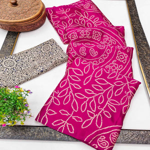 Pink Moss Satin Silk Saree Featuring Bandhani Print & Ajrakh Pallu Work