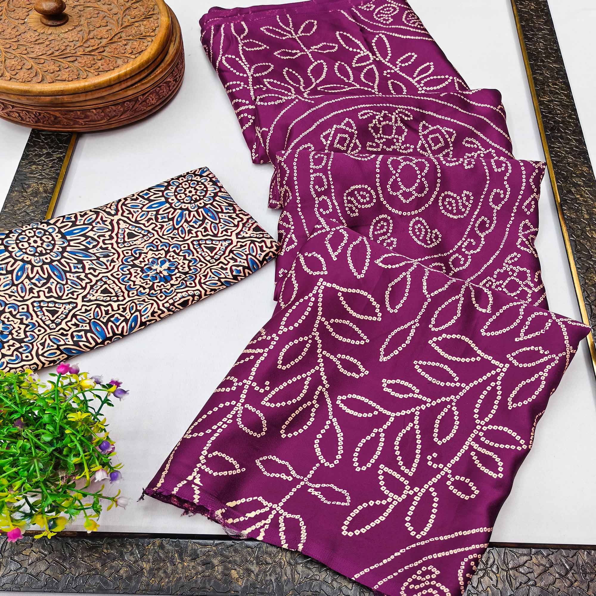 Purple Moss Satin Silk Saree Featuring Bandhani Print & Ajrakh Pallu Work