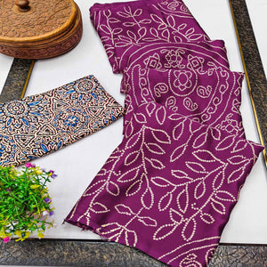 Purple Moss Satin Silk Saree Featuring Bandhani Print & Ajrakh Pallu Work