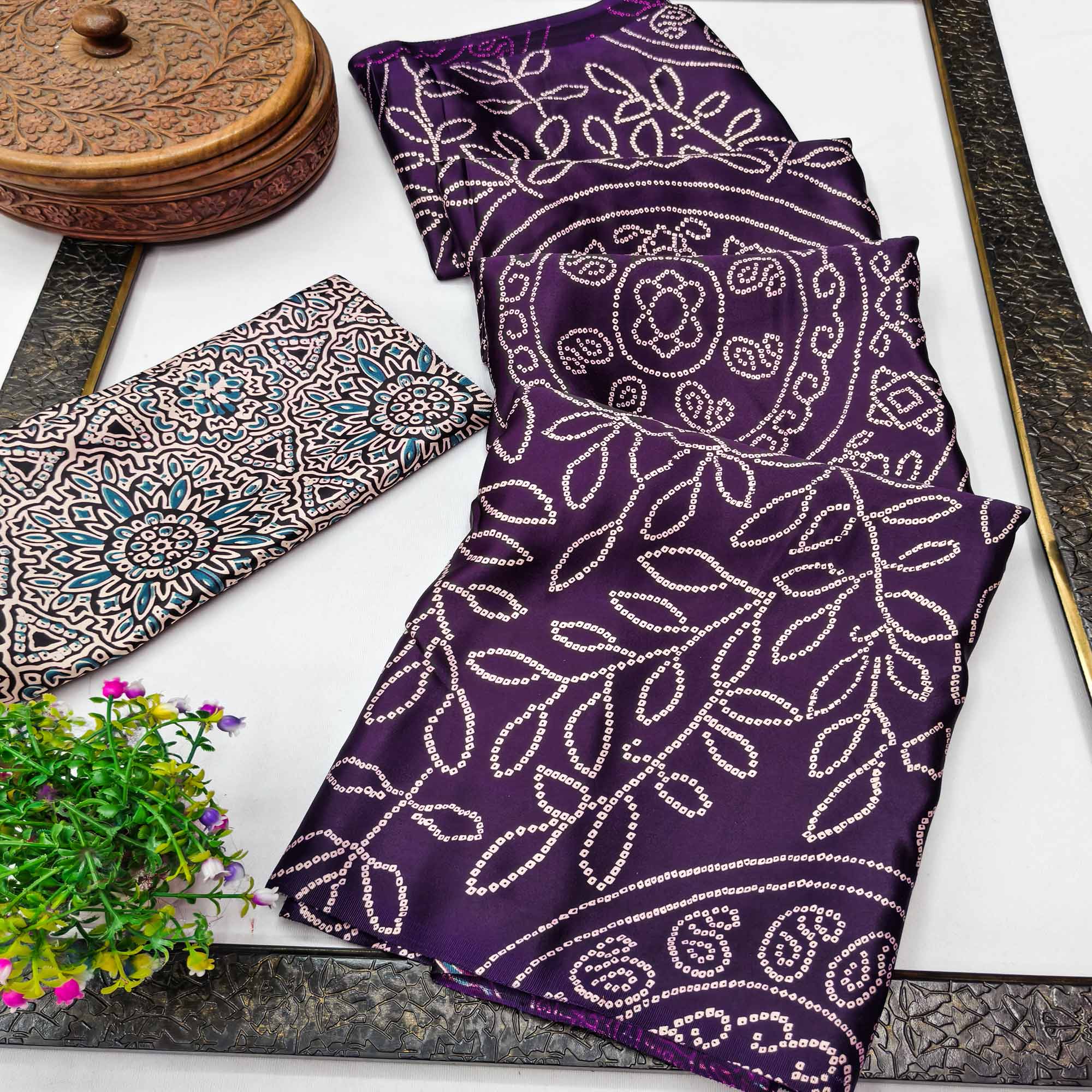 Violet Moss Satin Silk Saree Featuring Bandhani Print & Ajrakh Pallu Work