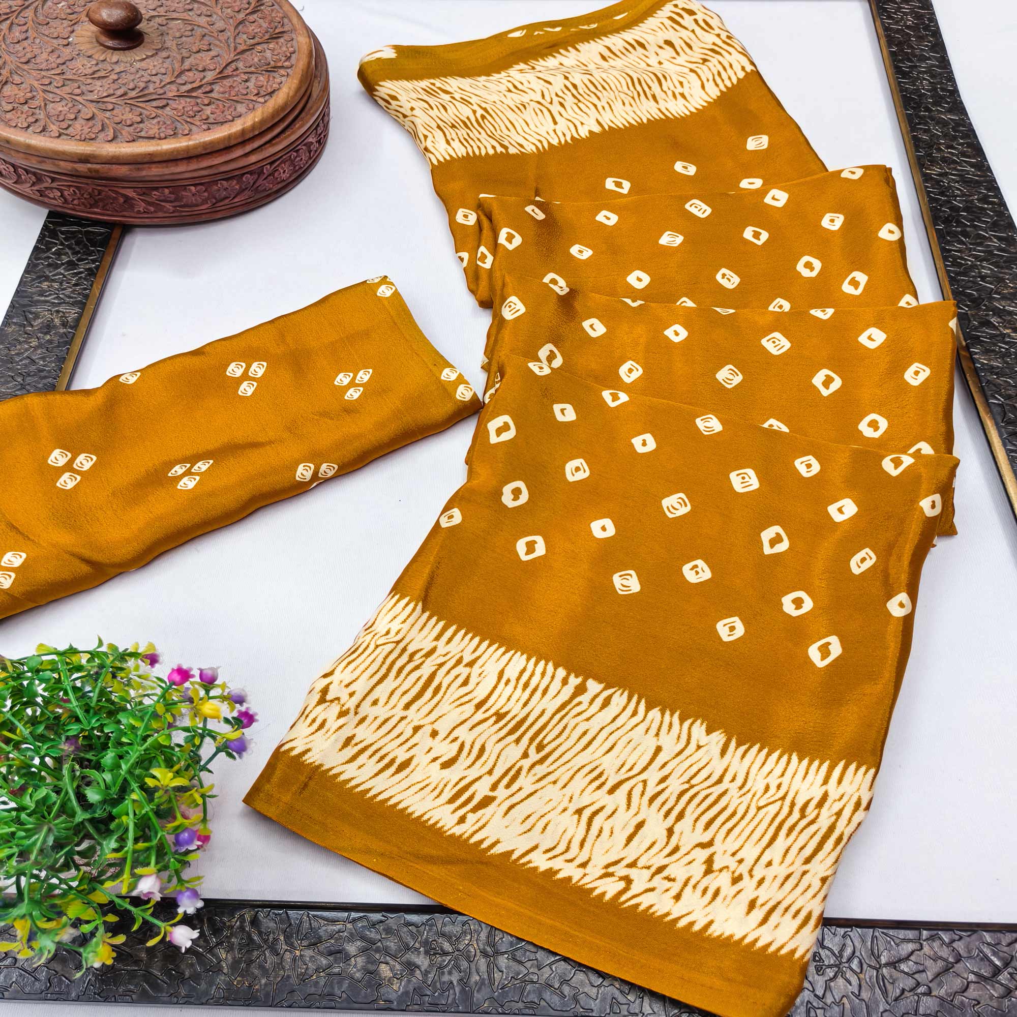 Mustard Bandhani Printed Chiffon Saree With Traditional Appeal