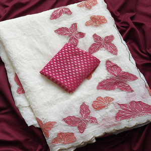 Off White Designer Chiffon Crush Saree Featuring Butterfly Embroidery