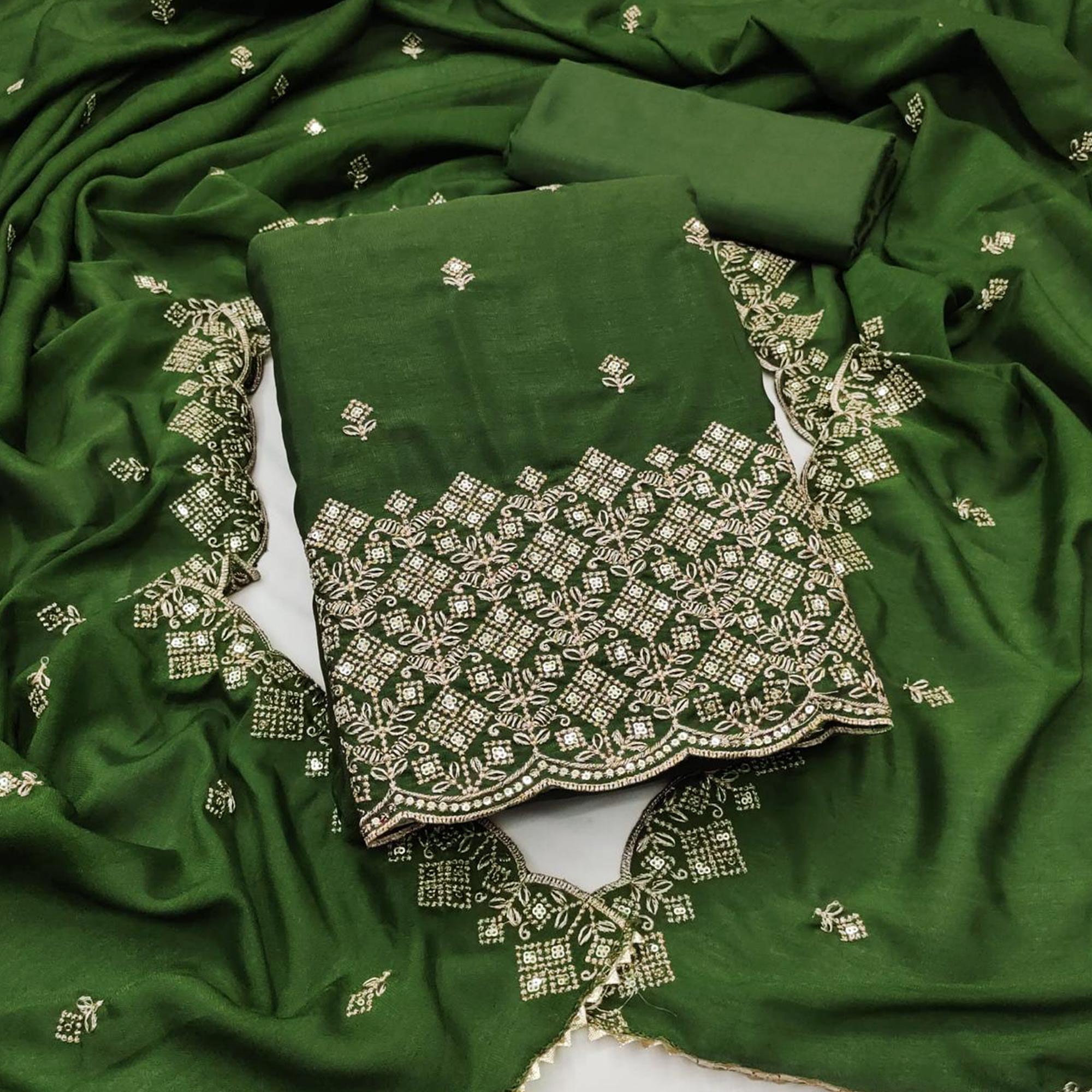 Festive Wear Green Vichitra Silk Dress Material with Sequins Embellishment