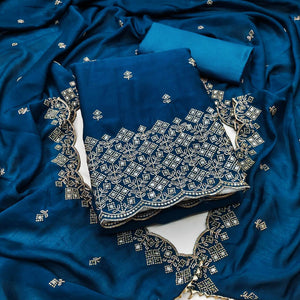 Festive Wear Teal Vichitra Silk Dress Material with Sequins Embellishment