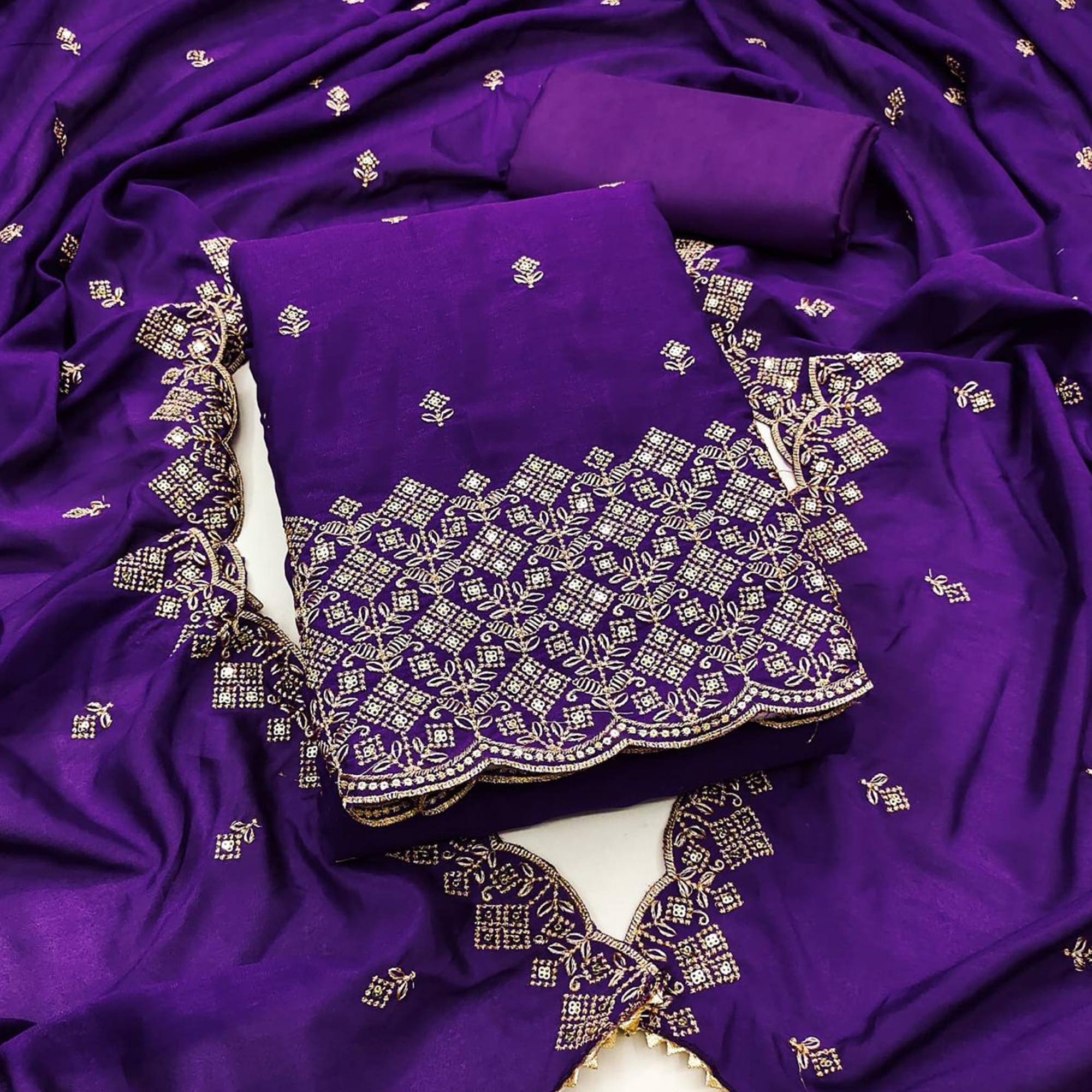 Festive Wear Violet Vichitra Silk Dress Material with Sequins Embellishment