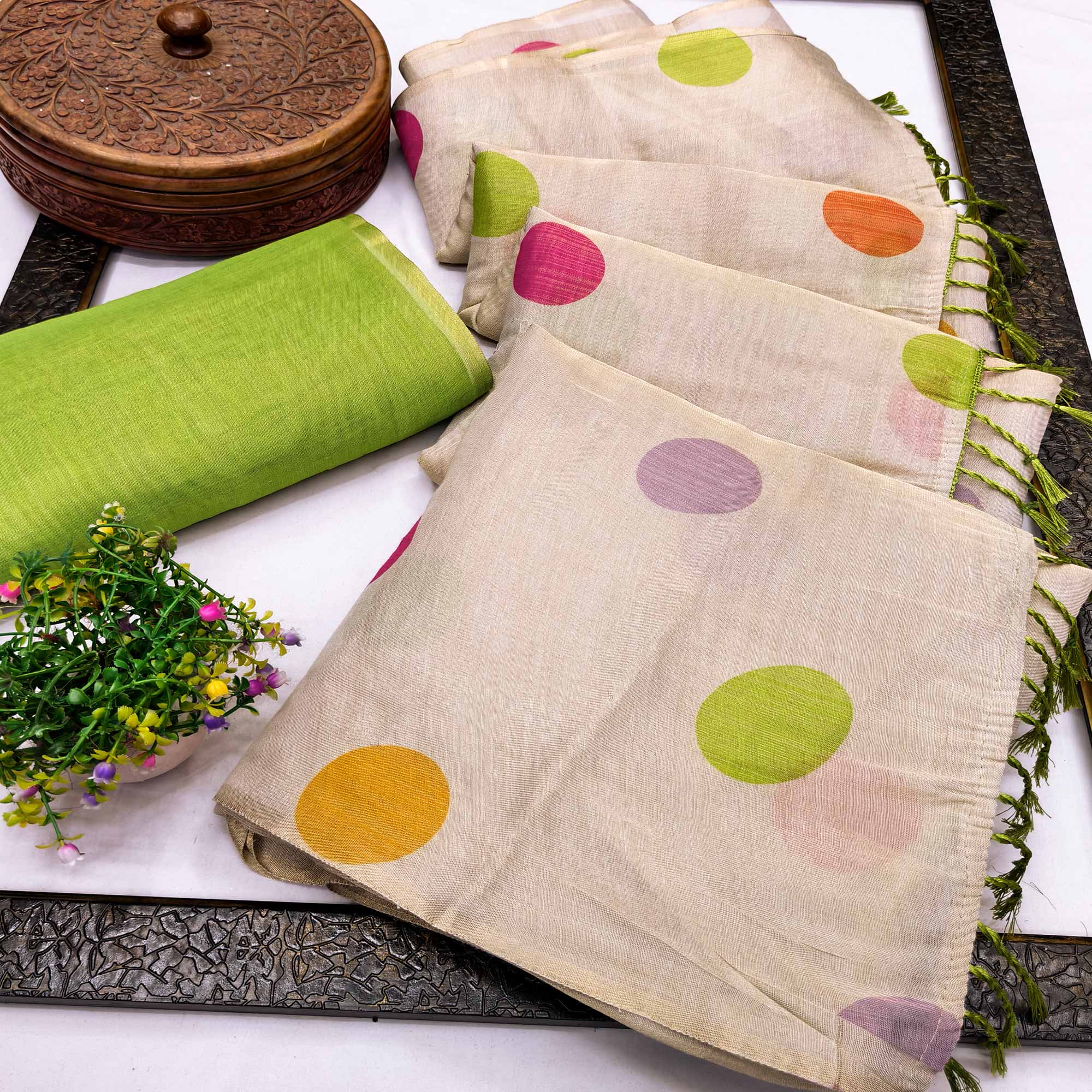 Cream Art Silk Saree with Contemporary Polka Dot Print & Tassel Edge