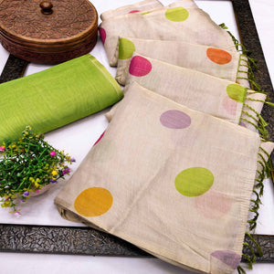 Cream Art Silk Saree with Contemporary Polka Dot Print & Tassel Edge