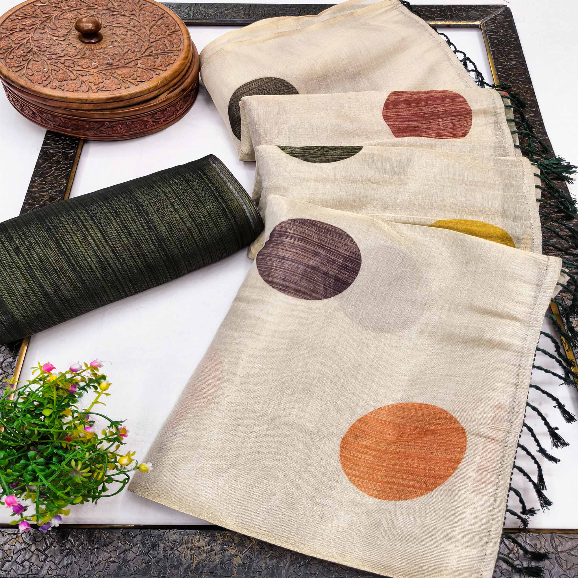 Off White Art Silk Saree with Contemporary Polka Dot Print & Tassel Edge