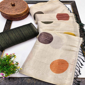 Off White Art Silk Saree with Contemporary Polka Dot Print & Tassel Edge