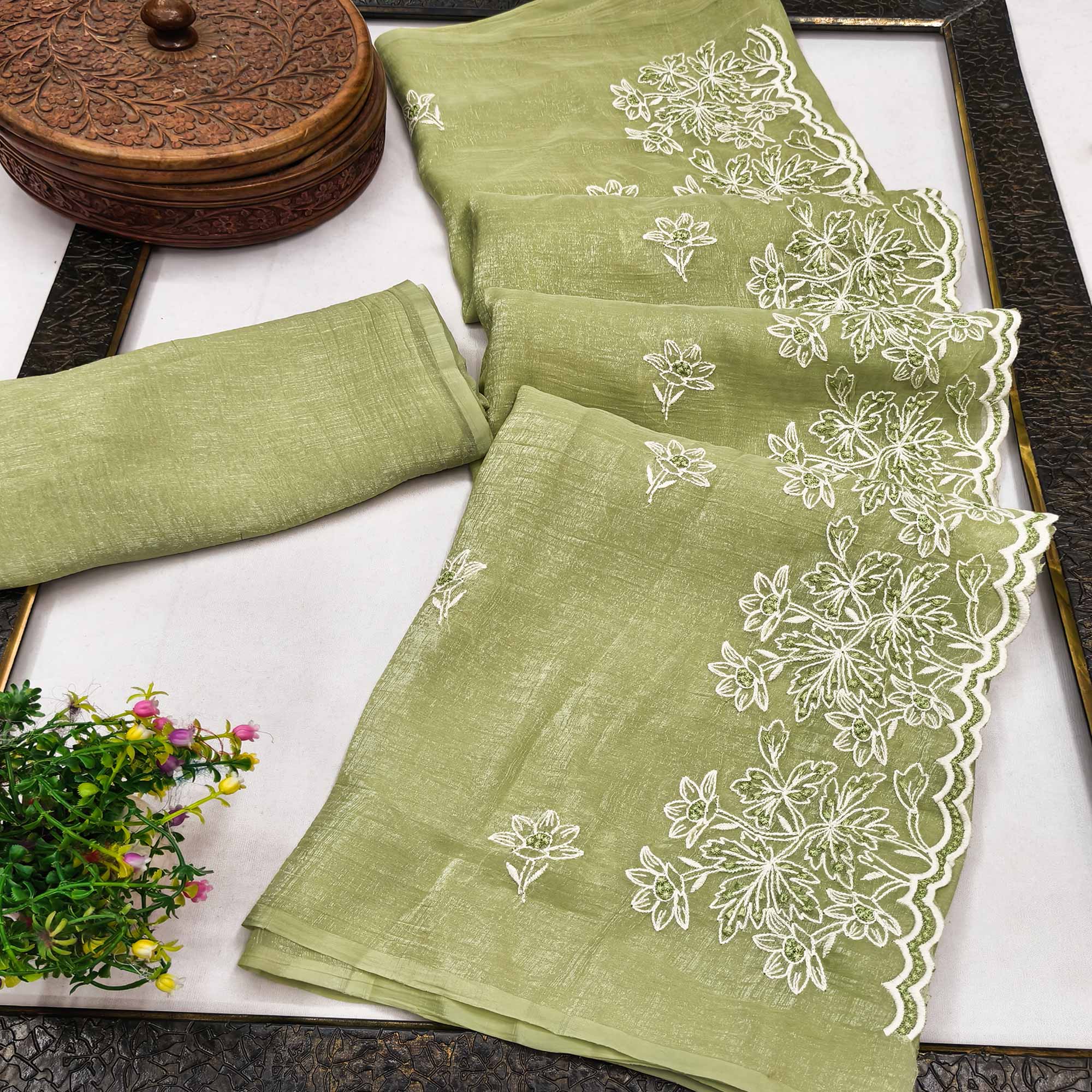 Timeless Green Floral Organza Saree with Embroidery for Parties