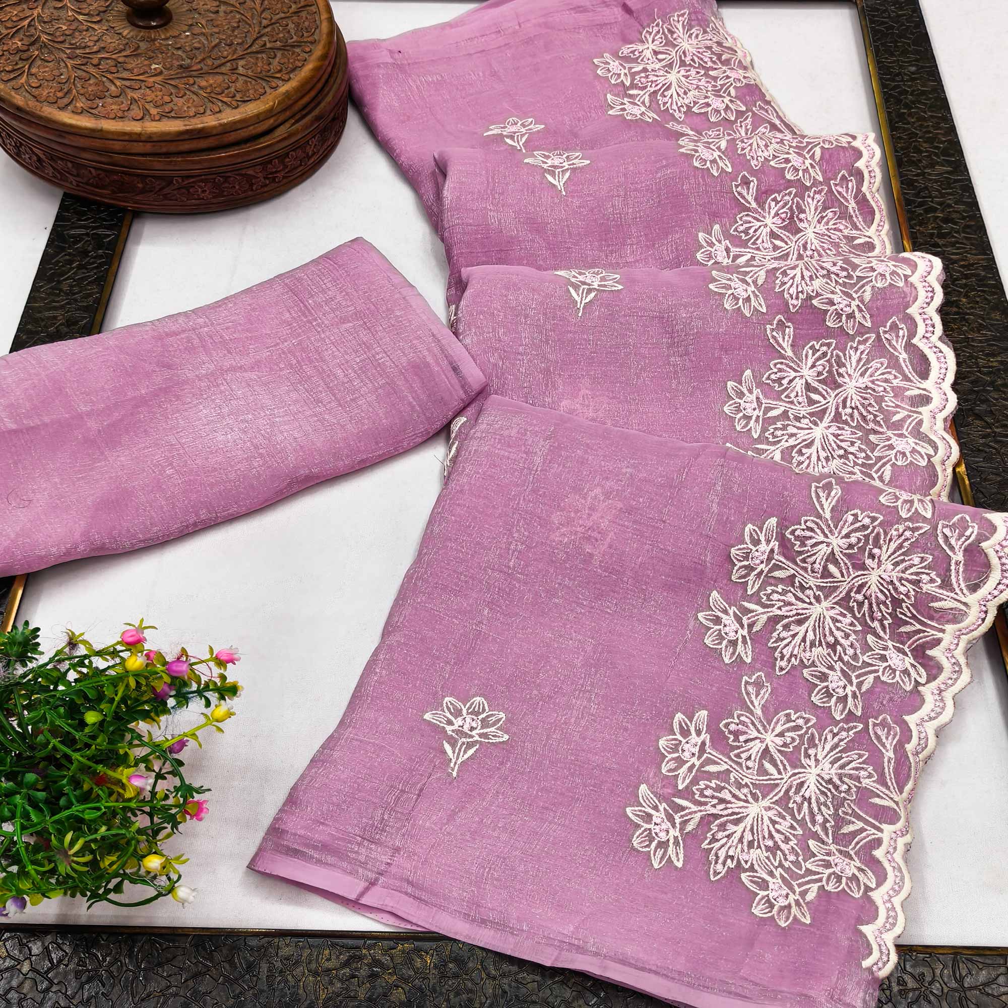 Timeless Pink Floral Organza Saree with Embroidery for Parties
