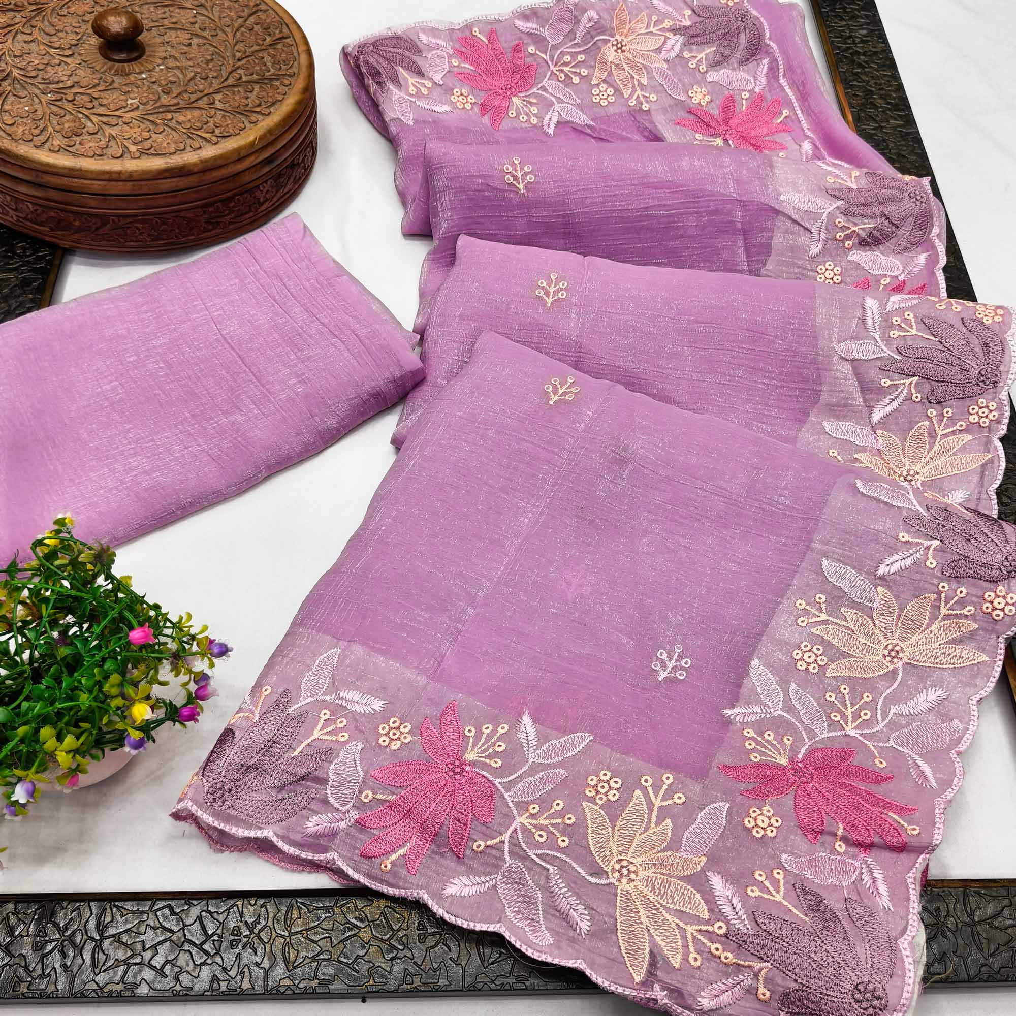 Pink Organza Party Saree with Intricate Floral Embroidery