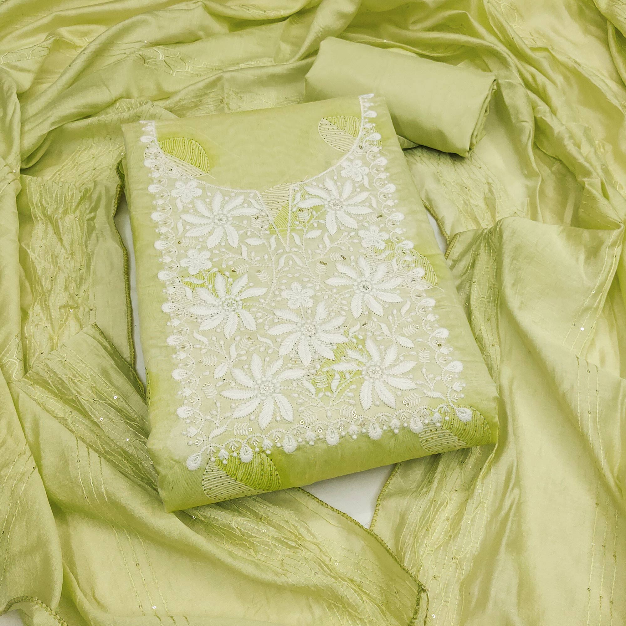 Green Chanderi Cotton Dress Material Adorned With Floral Thread Embroidery & Sequins Work