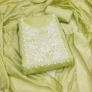 Green Chanderi Cotton Dress Material Adorned With Floral Thread Embroidery & Sequins Work
