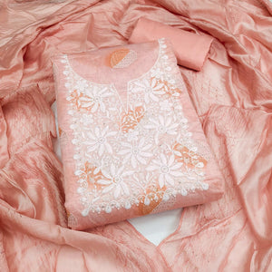Peach Chanderi Cotton Dress Material Adorned With Floral Thread Embroidery & Sequins Work