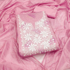 Pink Chanderi Cotton Dress Material Adorned With Floral Thread Embroidery & Sequins Work