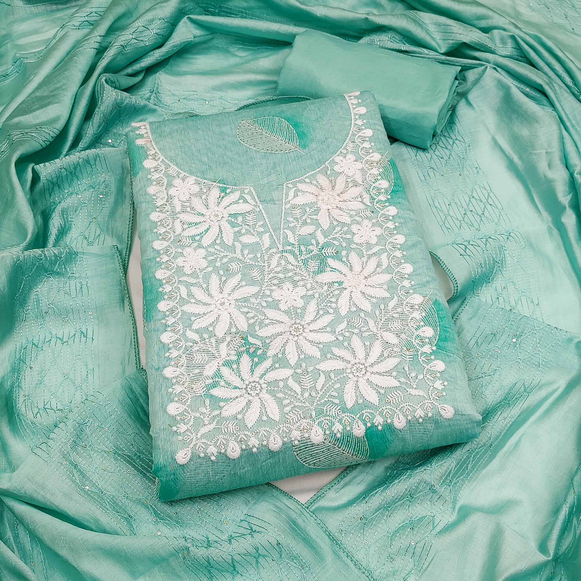 Turquoise Chanderi Cotton Dress Material Adorned With Floral Thread Embroidery & Sequins Work