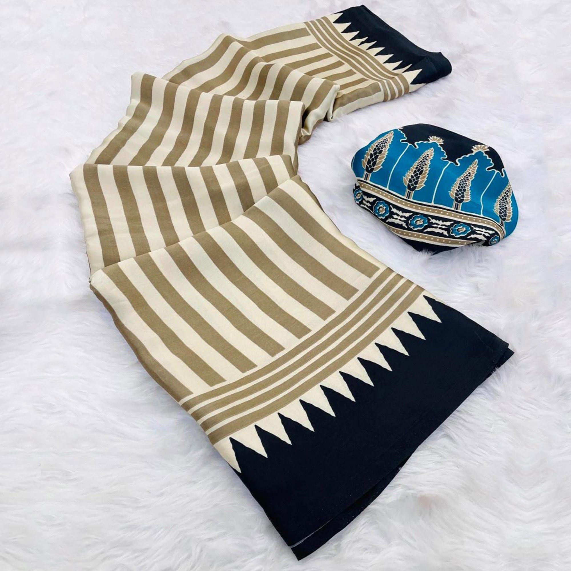 Graceful Chikoo & Black Crepe Silk Blend Saree Adorned with Bold Striped Print Work