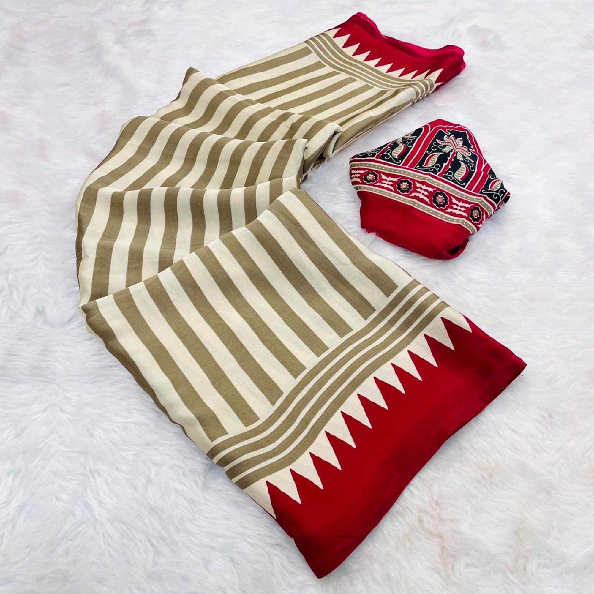 Timeless Chikoo & Red Crepe Silk Blend Saree Featuring Stylish Striped Print Work