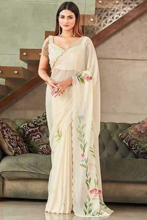 Graceful Offwhite Chiffon Saree With Delicate Floral Print & Elegant Piping Border Work