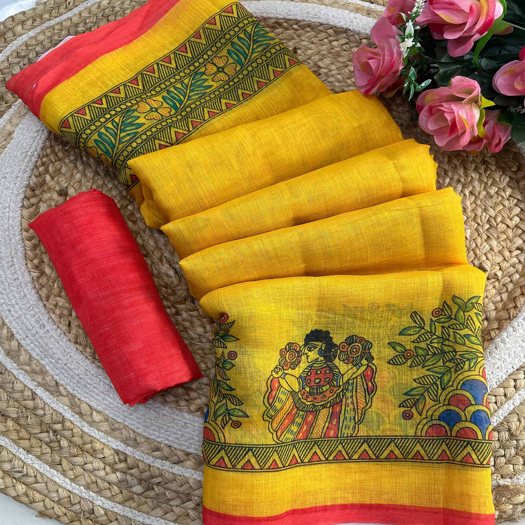 Yellow Madhubani Motif Printed Linen Saree for Festive Wear