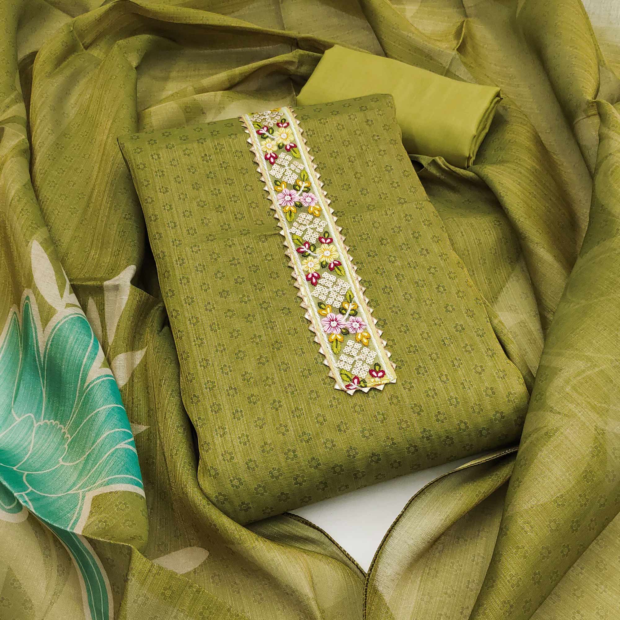 Green Floral Digital Printed Art Silk Dress Material With Sparkling Sequins Embroidery