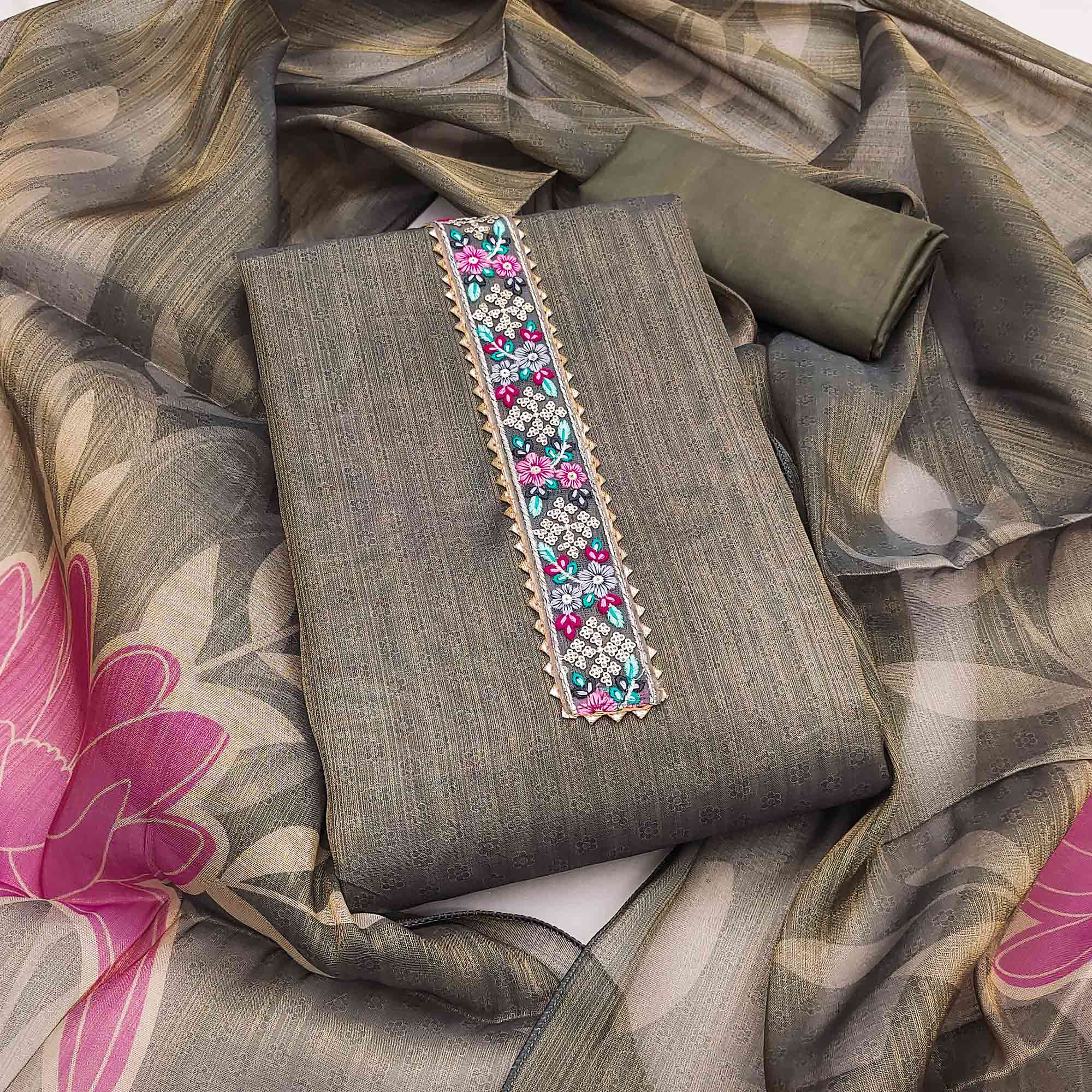 Grey Floral Digital Printed Art Silk Dress Material With Sparkling Sequins Embroidery