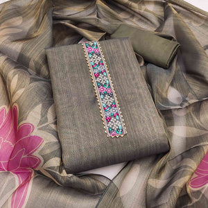 Grey Floral Digital Printed Art Silk Dress Material With Sparkling Sequins Embroidery