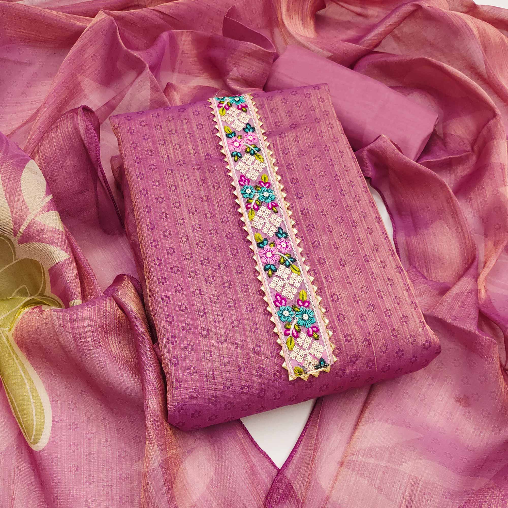 Pink Floral Digital Printed Art Silk Dress Material With Sparkling Sequins Embroidery