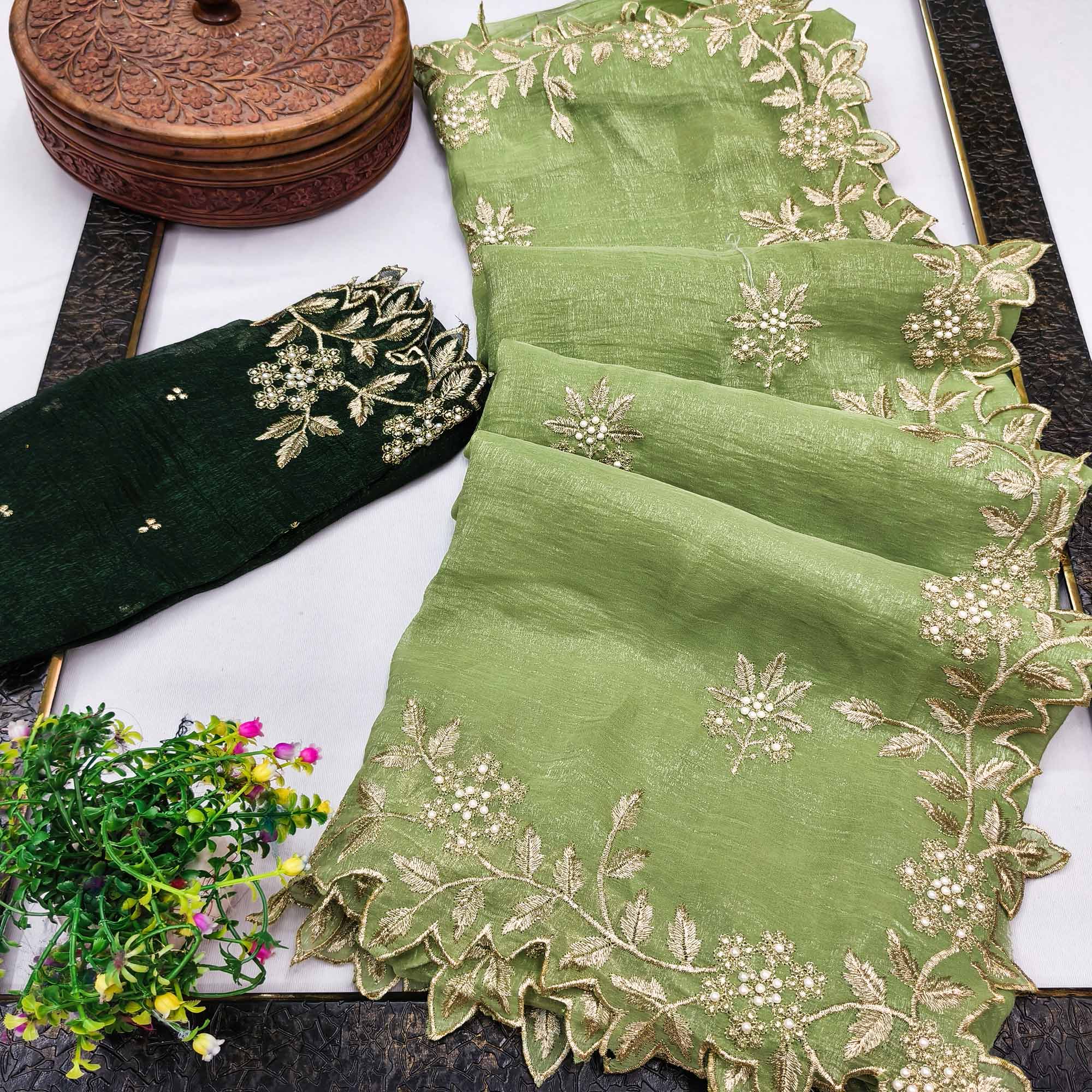 Regal Green Chiffon Saree Adorned with Intricate Golden Embroidery