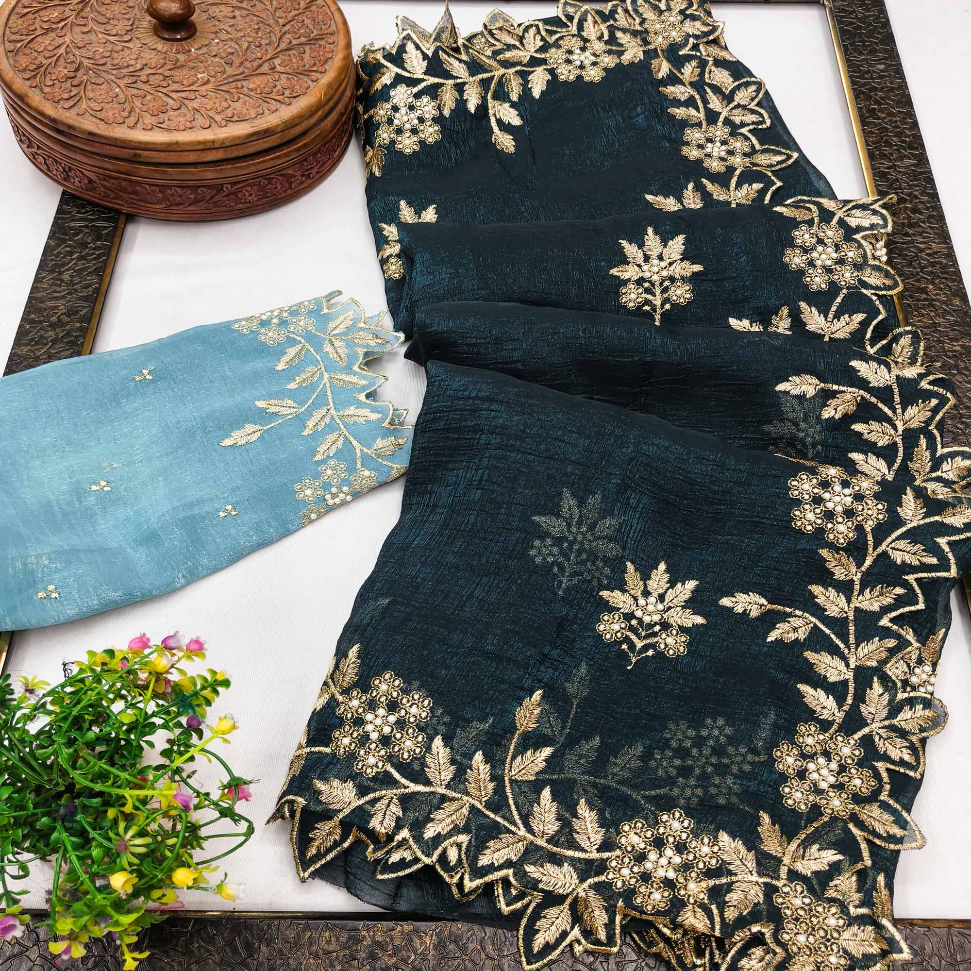 Regal Morpich Blue Chiffon Saree Adorned with Intricate Golden Embroidery