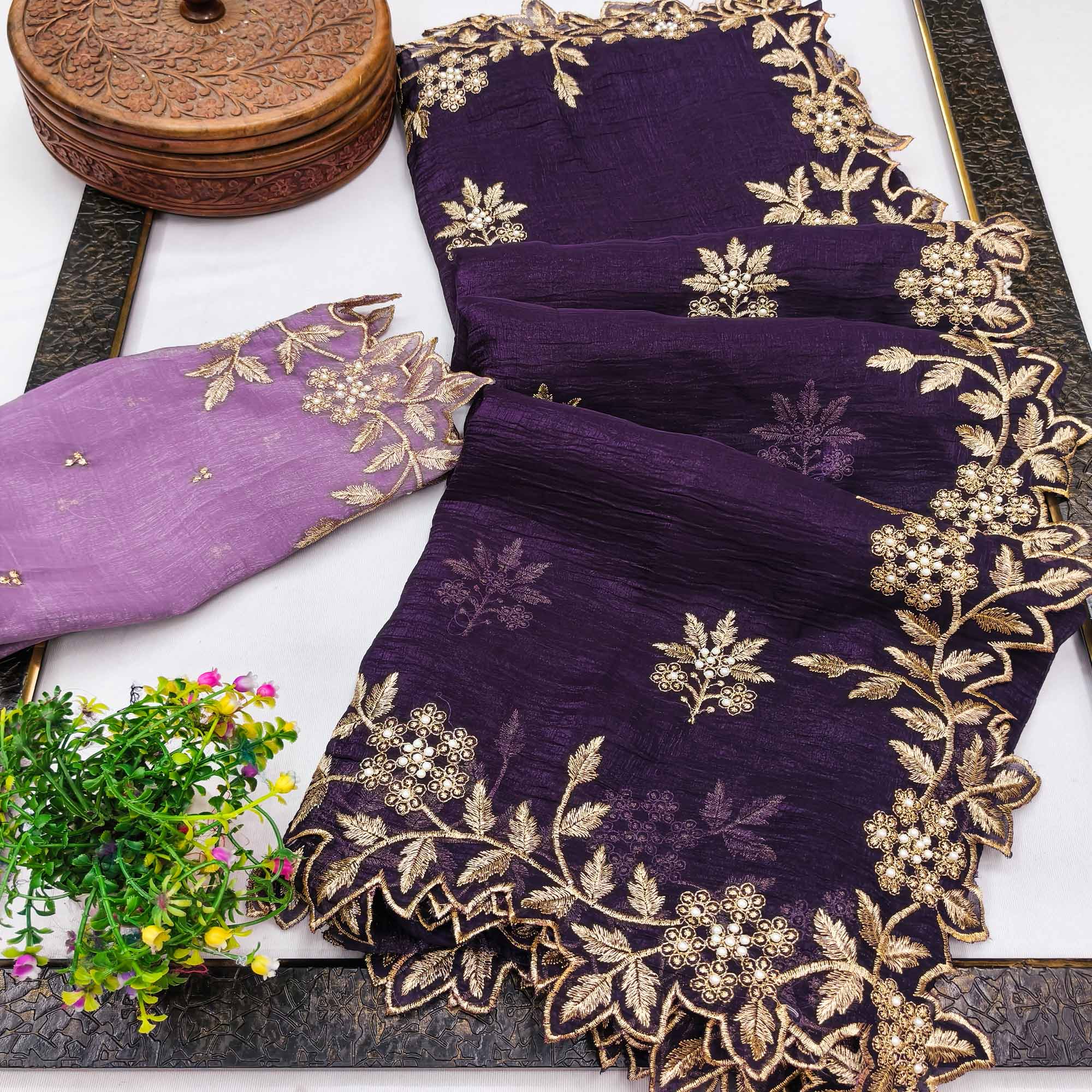 Regal Purple Chiffon Saree Adorned with Intricate Golden Embroidery