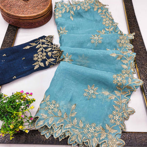 Regal Sky Blue Chiffon Saree Adorned with Intricate Golden Embroidery