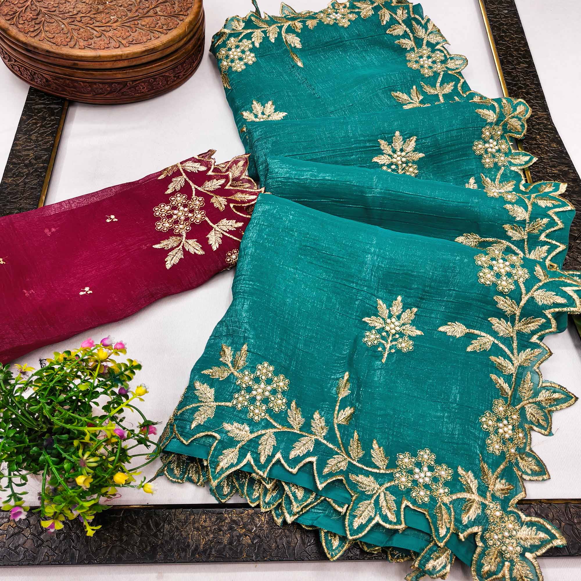 Regal Turquoise Chiffon Saree Adorned with Intricate Golden Embroidery