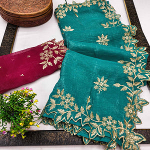 Regal Turquoise Chiffon Saree Adorned with Intricate Golden Embroidery