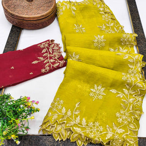 Regal Yellow Chiffon Saree Adorned with Intricate Golden Embroidery