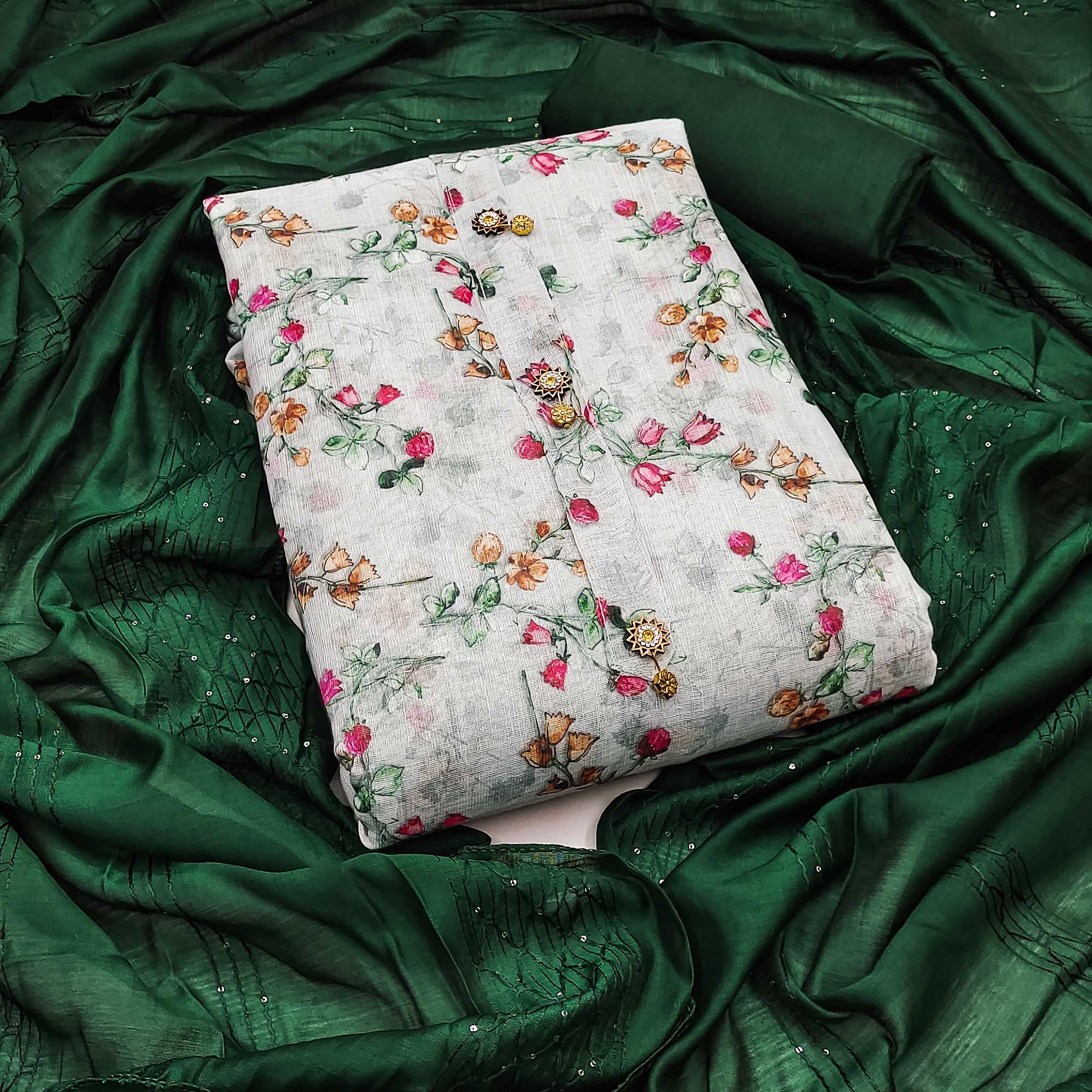 Graceful Light Grey Floral Printed Linen Dress Material Perfect for Summer Outfits