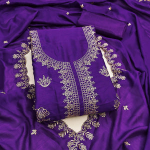 Violet Thread Embroidered Vichitra Silk Dress Material Perfect for Party & Festive Wear