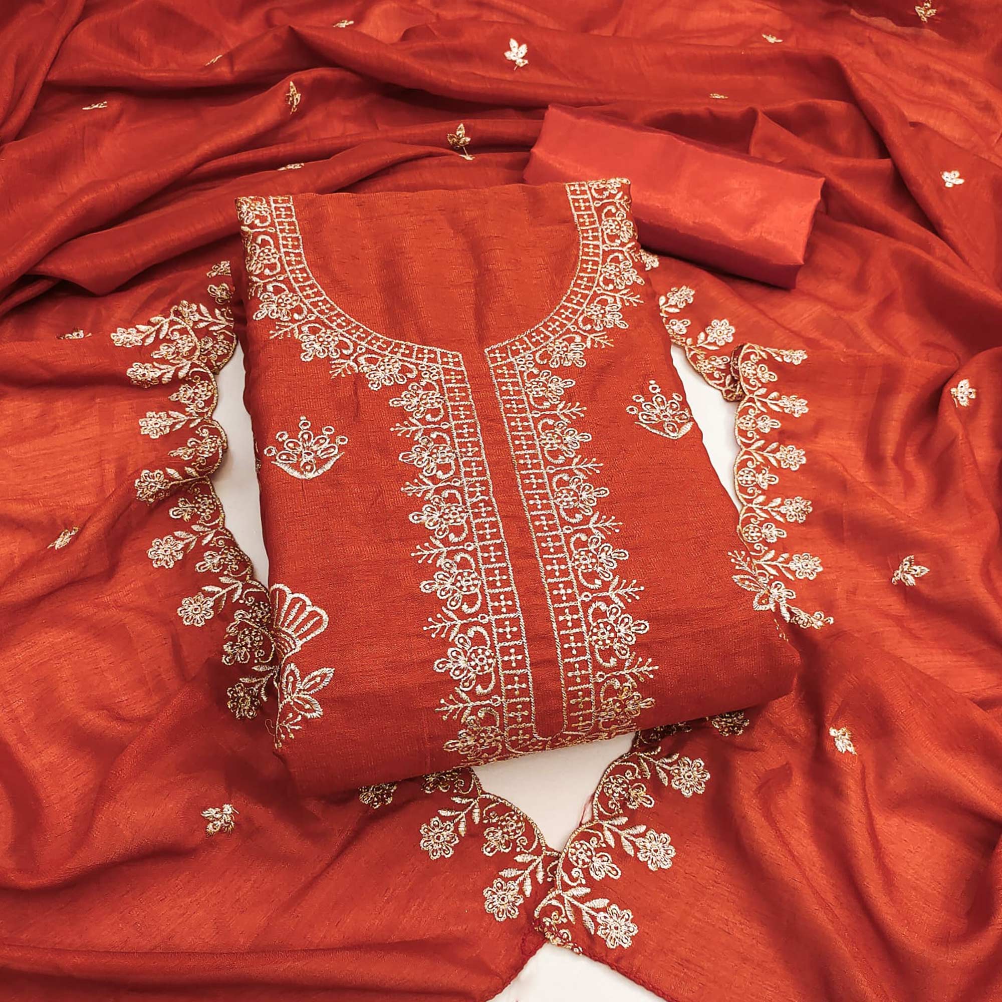 Orange Thread Embroidered Vichitra Silk Dress Material Perfect for Party & Festive Wear