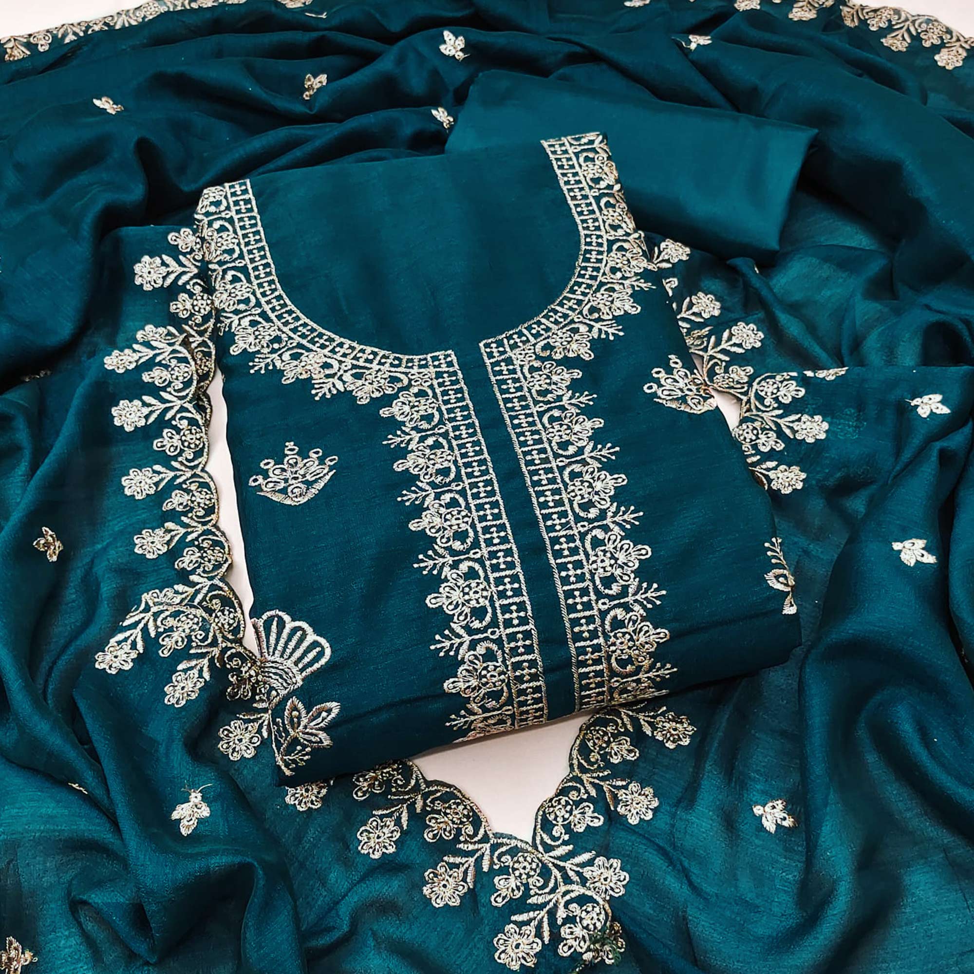 Teal Thread Embroidered Vichitra Silk Dress Material Perfect for Party & Festive Wear