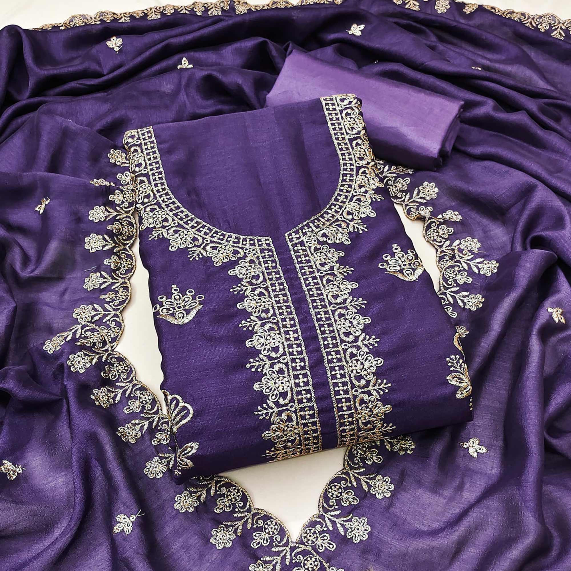 Light Violet Thread Embroidered Vichitra Silk Dress Material Perfect for Party & Festive Wear