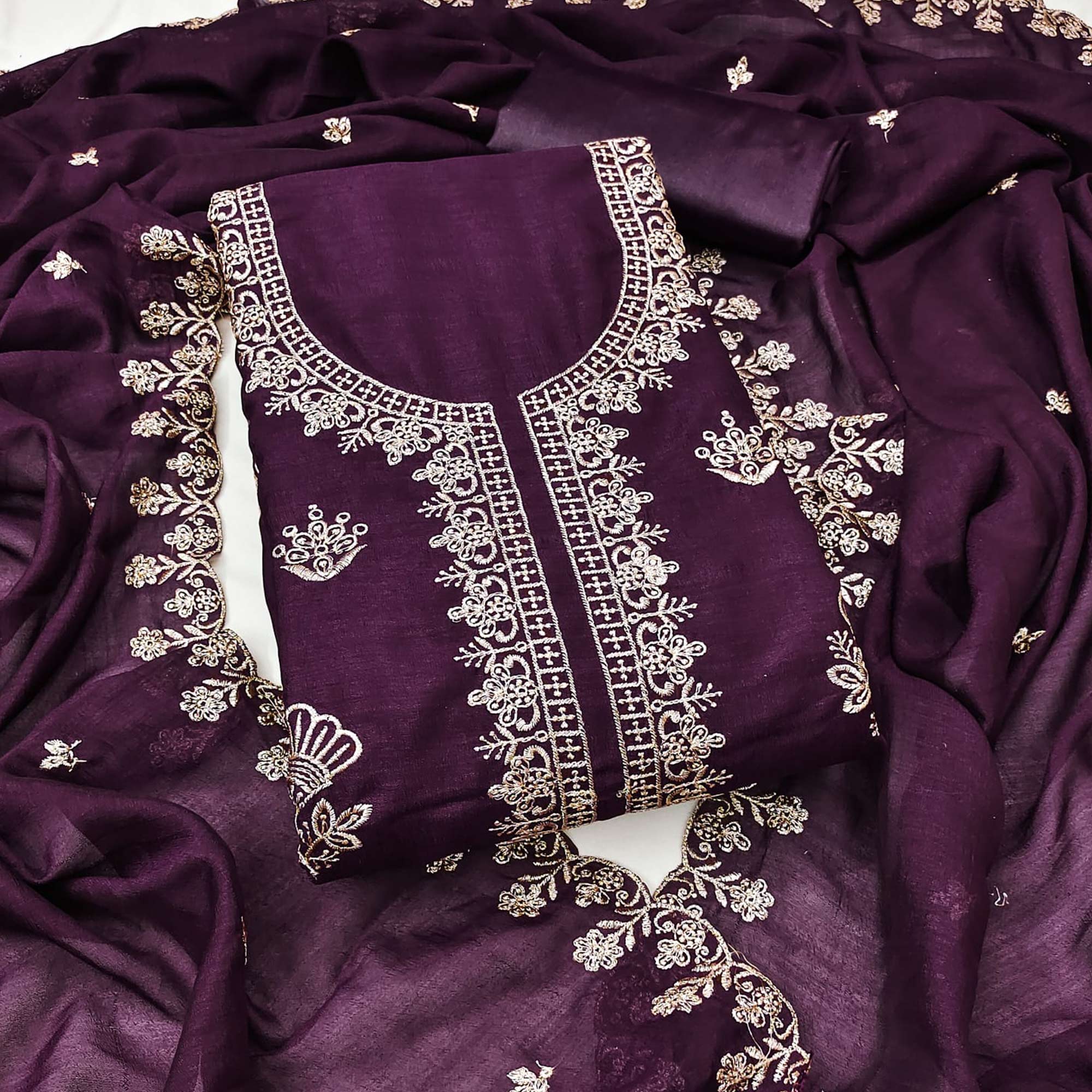 Wine Thread Embroidered Vichitra Silk Dress Material Perfect for Party & Festive Wear