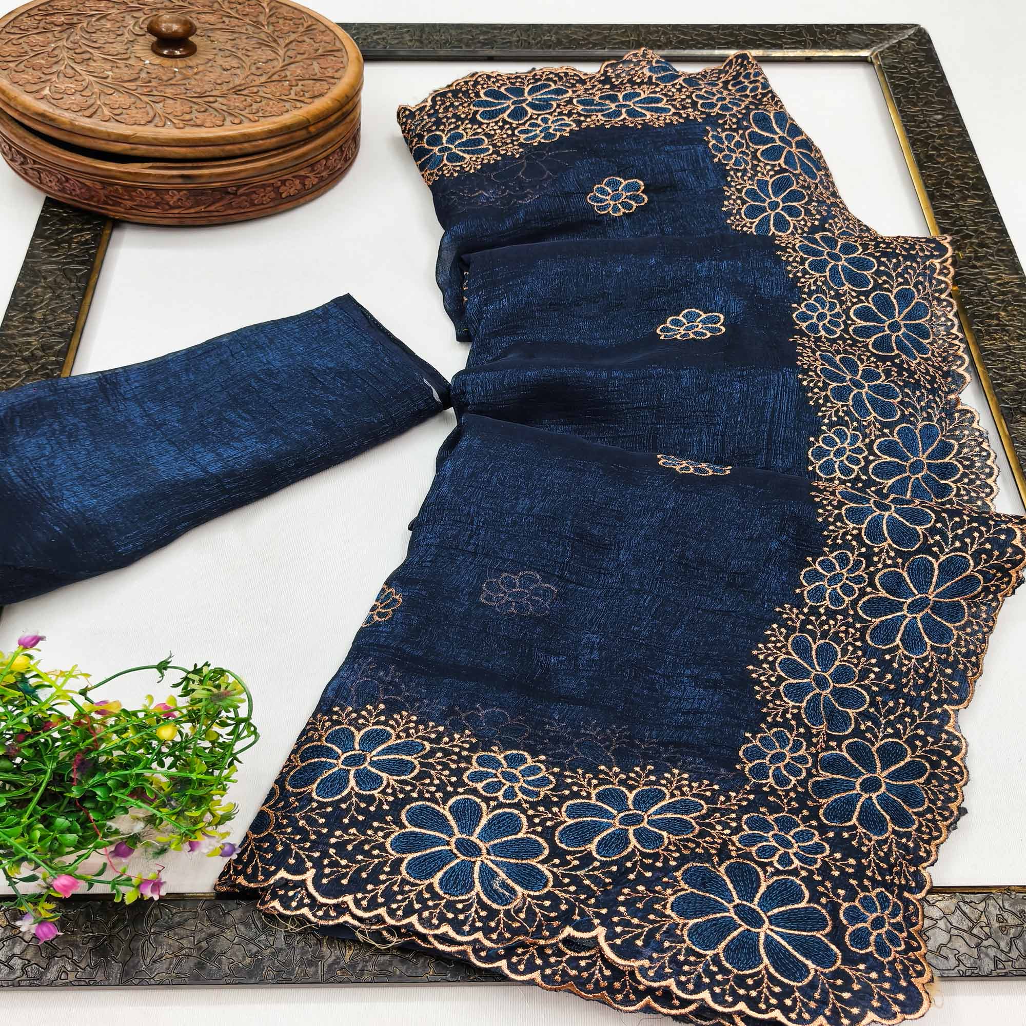 Blue Partywear Saree in Soft Chiffon with Intricate Floral Embroidery