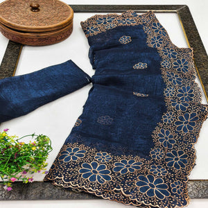 Blue Partywear Saree in Soft Chiffon with Intricate Floral Embroidery