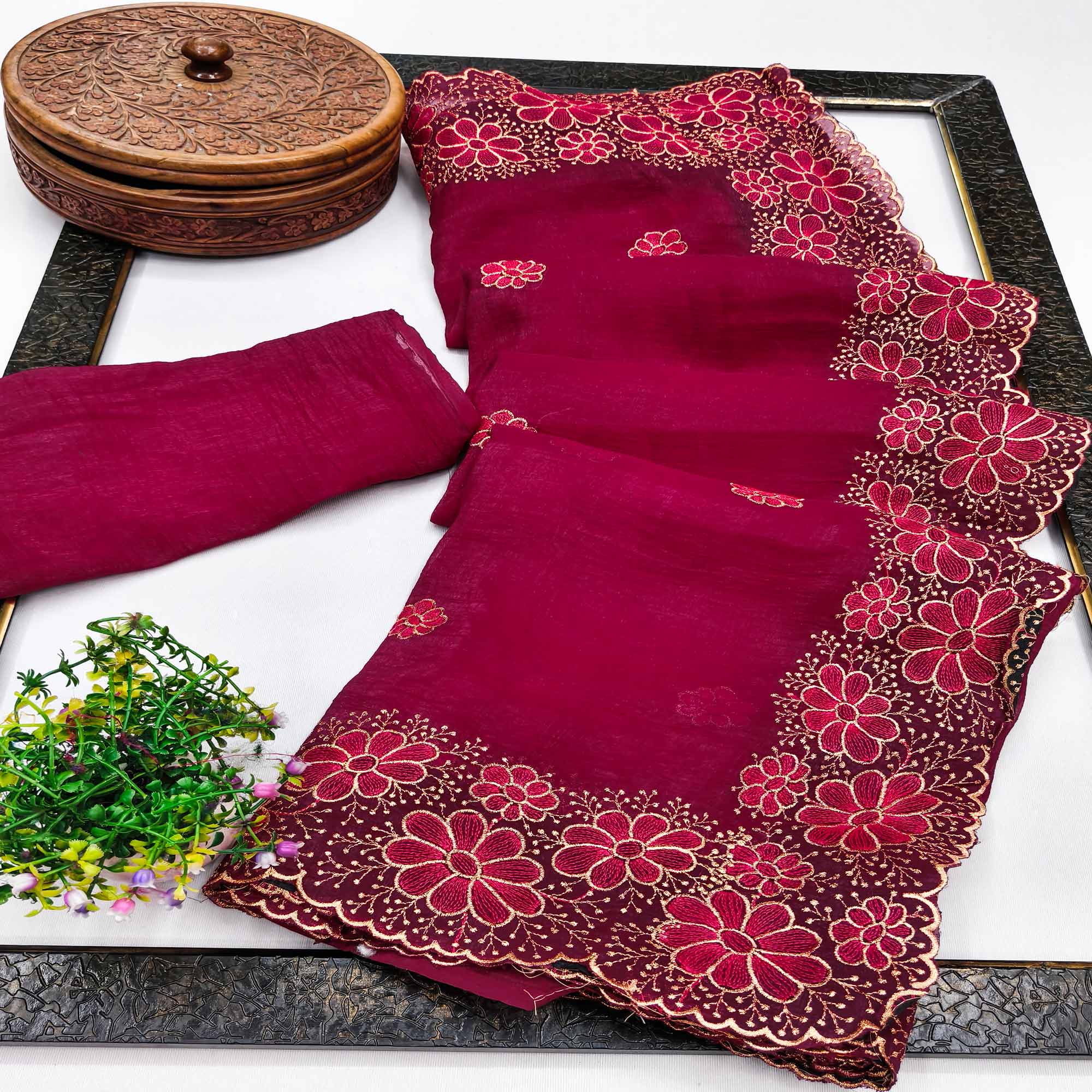 Pink Partywear Saree in Soft Chiffon with Intricate Floral Embroidery